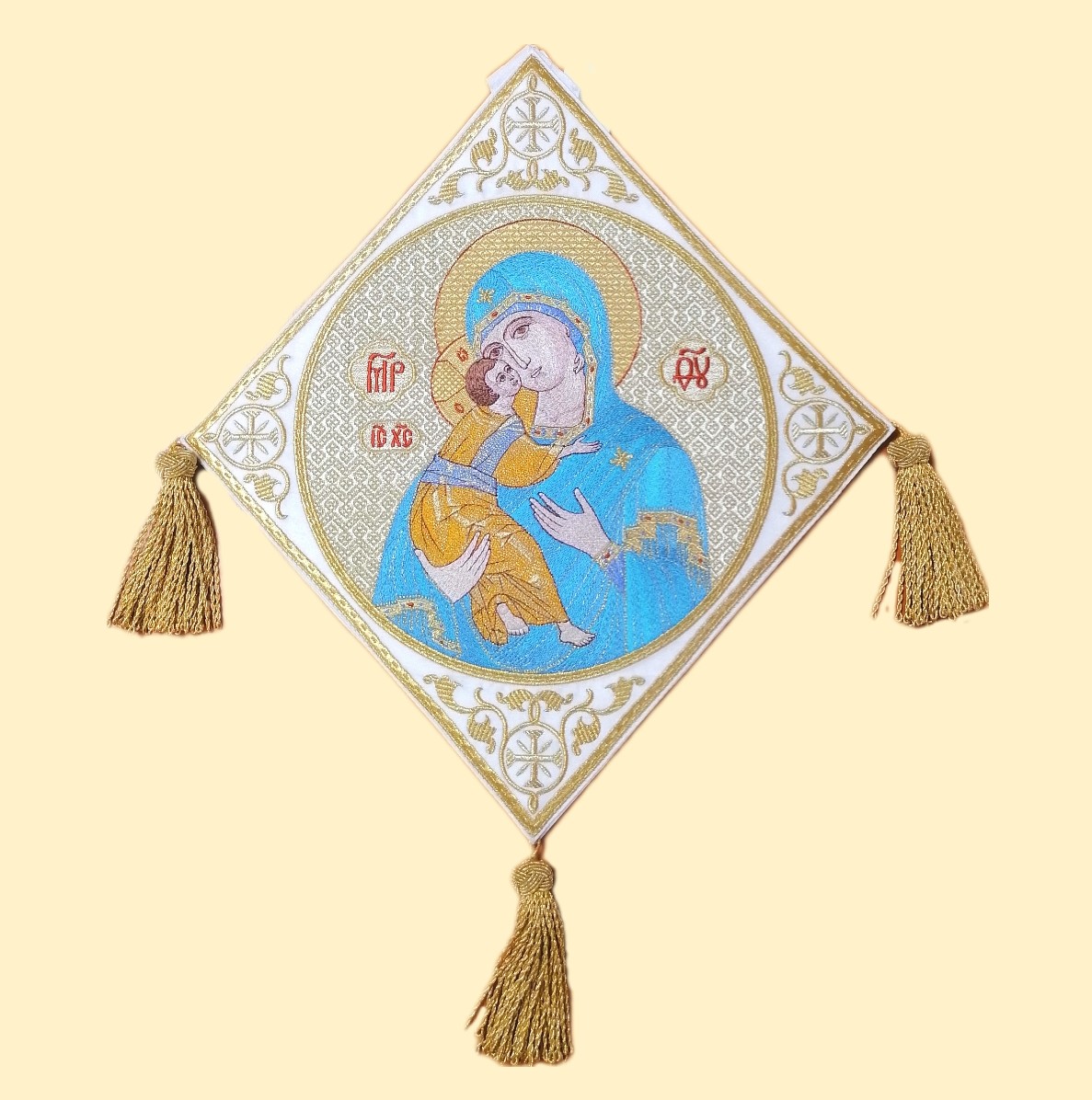 Палица вышитая "Богородица Владимирская" белая с золотом Палица вышитая "Богородица Владимирская" белая с золотом