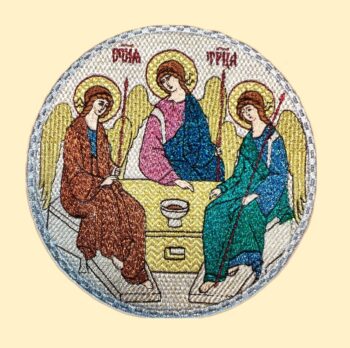 Икона круглая "Троица", вышитая блестящими нитками 