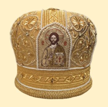Митра вышитая золотая с жемчугом и стразами "Мозаика" (5 икон) 