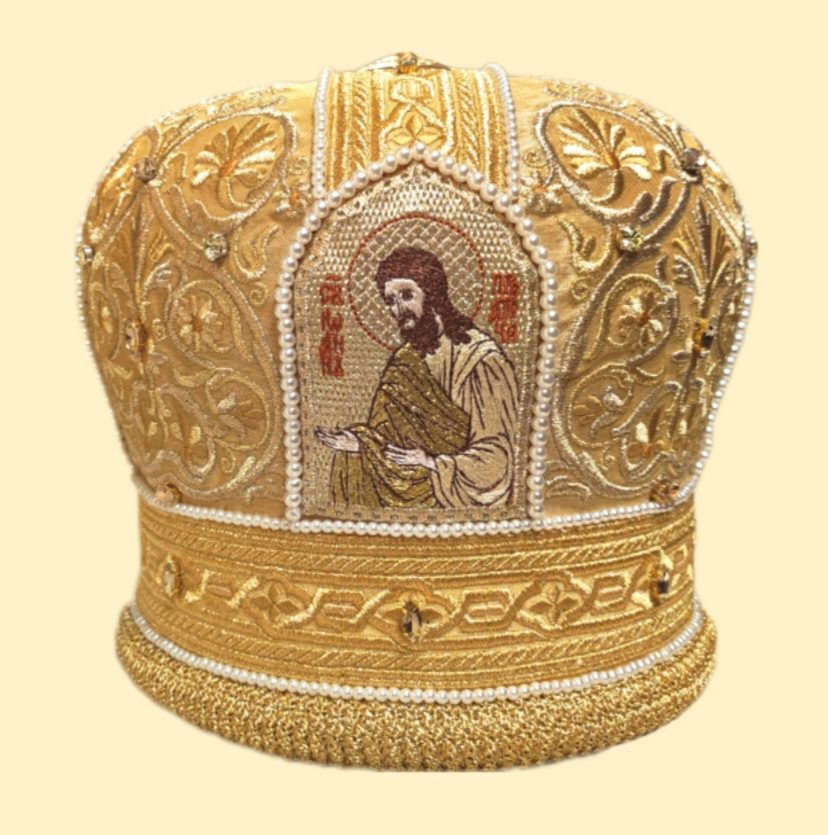 Митра вышитая золотая с жемчугом и стразами "Мозаика" (5 икон) Митра вышитая золотая с жемчугом и стразами "Мозаика" (5 икон)