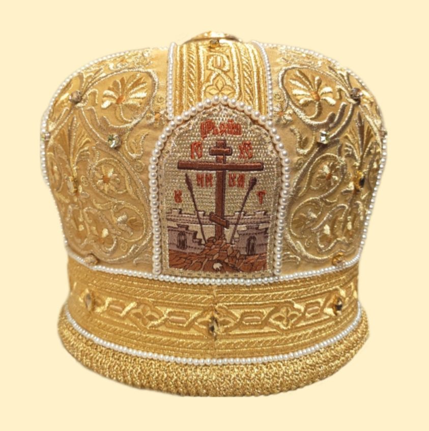 Митра вышитая золотая с жемчугом и стразами "Мозаика" (5 икон) Митра вышитая золотая с жемчугом и стразами "Мозаика" (5 икон)