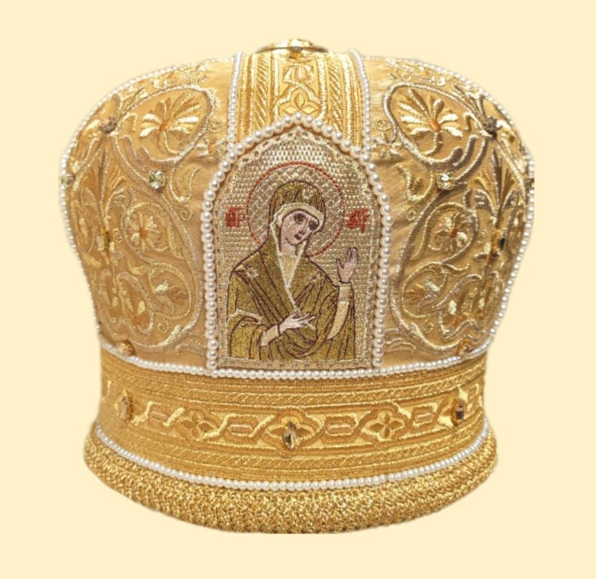 Митра вышитая золотая с жемчугом и стразами "Мозаика" (5 икон) Митра вышитая золотая с жемчугом и стразами "Мозаика" (5 икон)