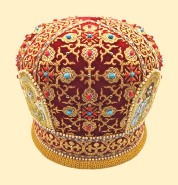 Митра вышитая красная с жемчугом, бирюзой и кораллами "Всякое дыхание" (4 иконы) 