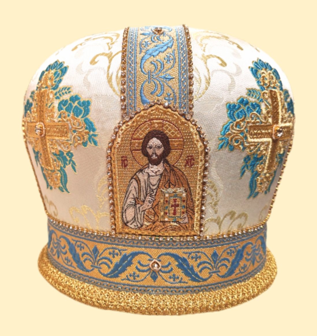 Митра вышитая голубая с золотом и стразами (4 иконы) Митра вышитая голубая с золотом и стразами (4 иконы)