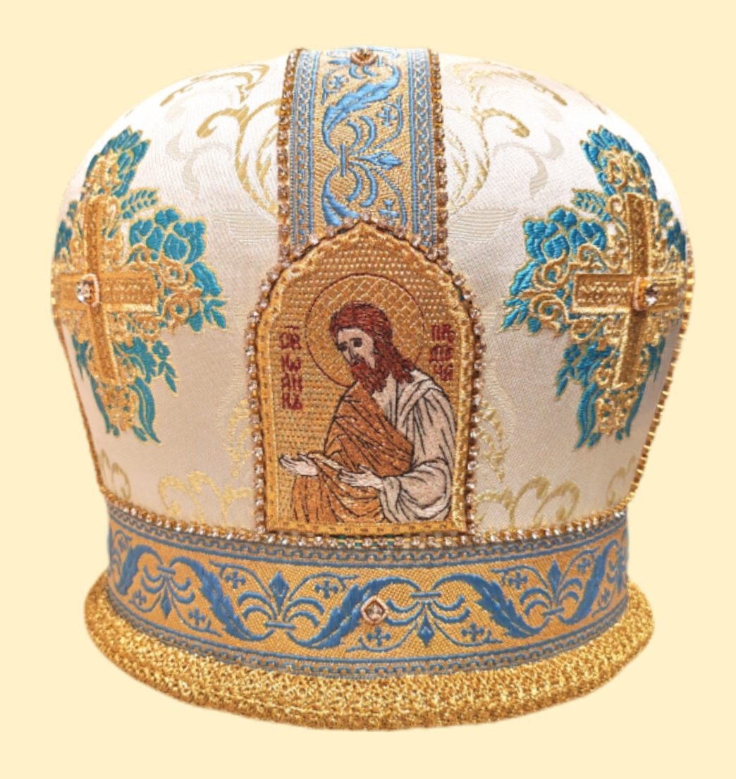 Митра вышитая голубая с золотом и стразами (4 иконы) Митра вышитая голубая с золотом и стразами (4 иконы)