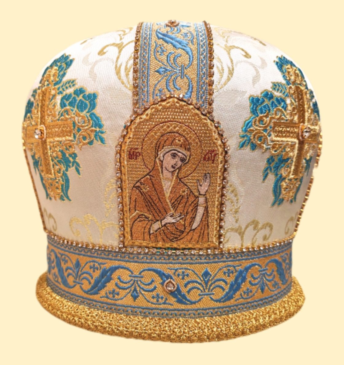 Митра вышитая голубая с золотом и стразами (4 иконы) Митра вышитая голубая с золотом и стразами (4 иконы)