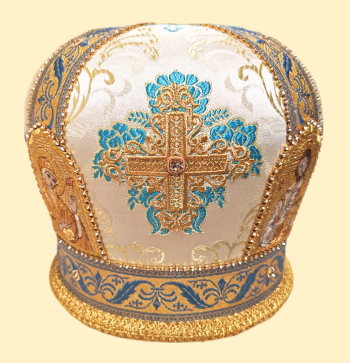 Митра вышитая голубая с золотом и стразами (4 иконы) Митра вышитая голубая с золотом и стразами (4 иконы)