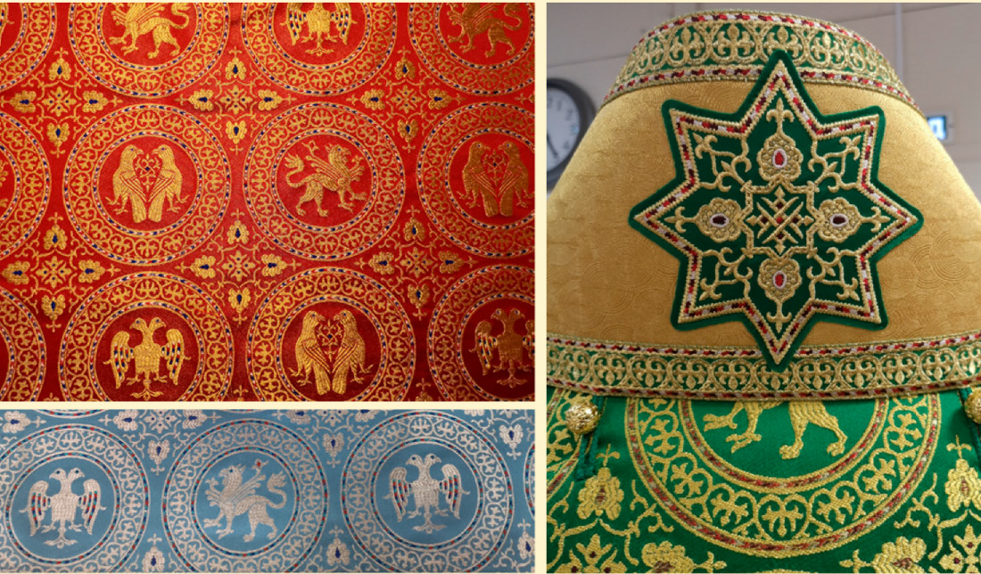 Examples of fabrics and decorations with patterns embroidered on them